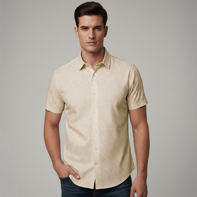 Printed Cuban Collar Shirts | Pack of 3 – Pink Swirl, Slate Blue Leaf & Cream Swirl – included shirt 3 of 3