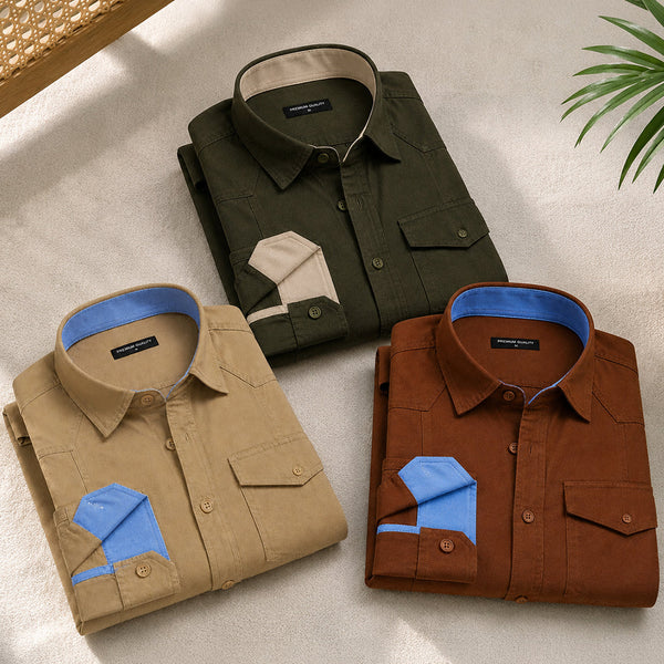 Men’s Pack Of 3 Cargo Style Beige, Bottle Green & Brown Shirt