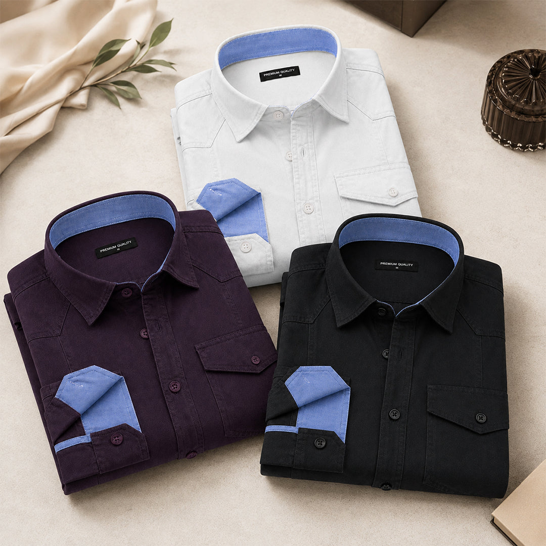 Men’s Pack Of 3 Cargo Style White, Wine & Black Shirt