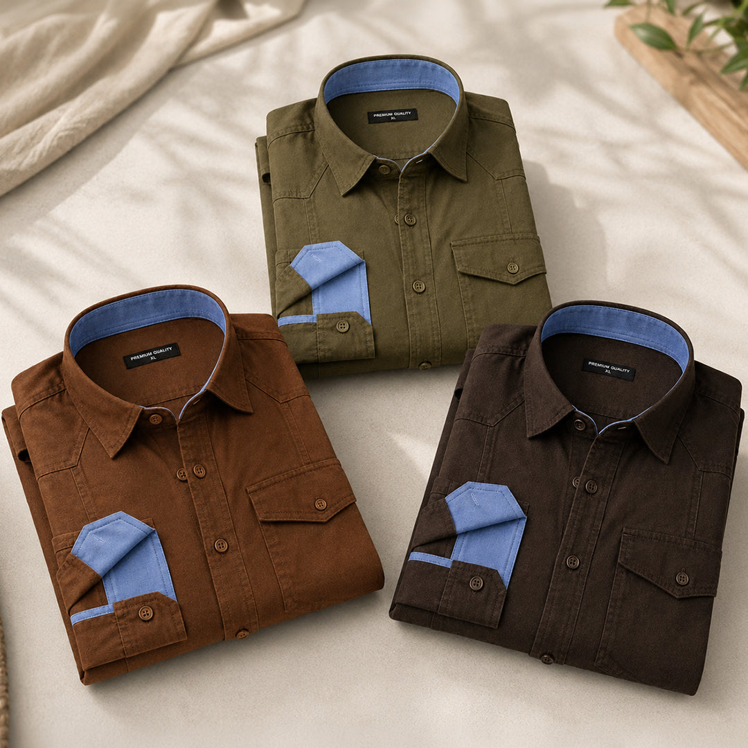 Men’s Pack Of 3 Cargo Style Dusty Brown, Olive & Dark Brown Shirt