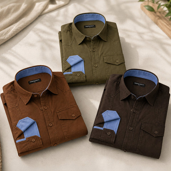 Men’s Pack Of 3 Cargo Style Dusty Brown, Olive & Dark Brown Shirt