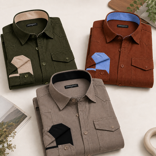 Men’s Pack Of 3 Cargo Style Khaki, Bottle Green & Brown Shirt