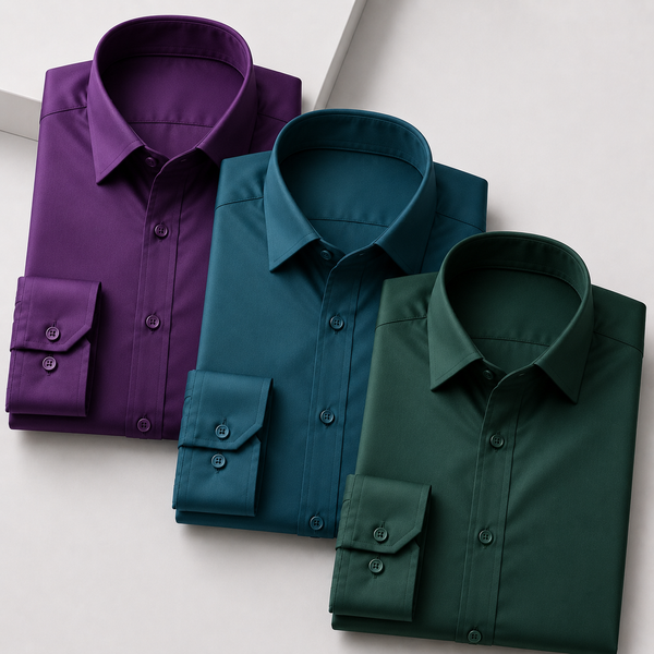Men’s Noir Satin Shirt – Pack of 3 (Purple + Teal + Emerald Green)