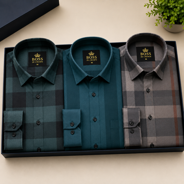 Men’s Premium Cotton Check Shirts – Pack of 3 | BRG + PEACOCK + BB CHECK