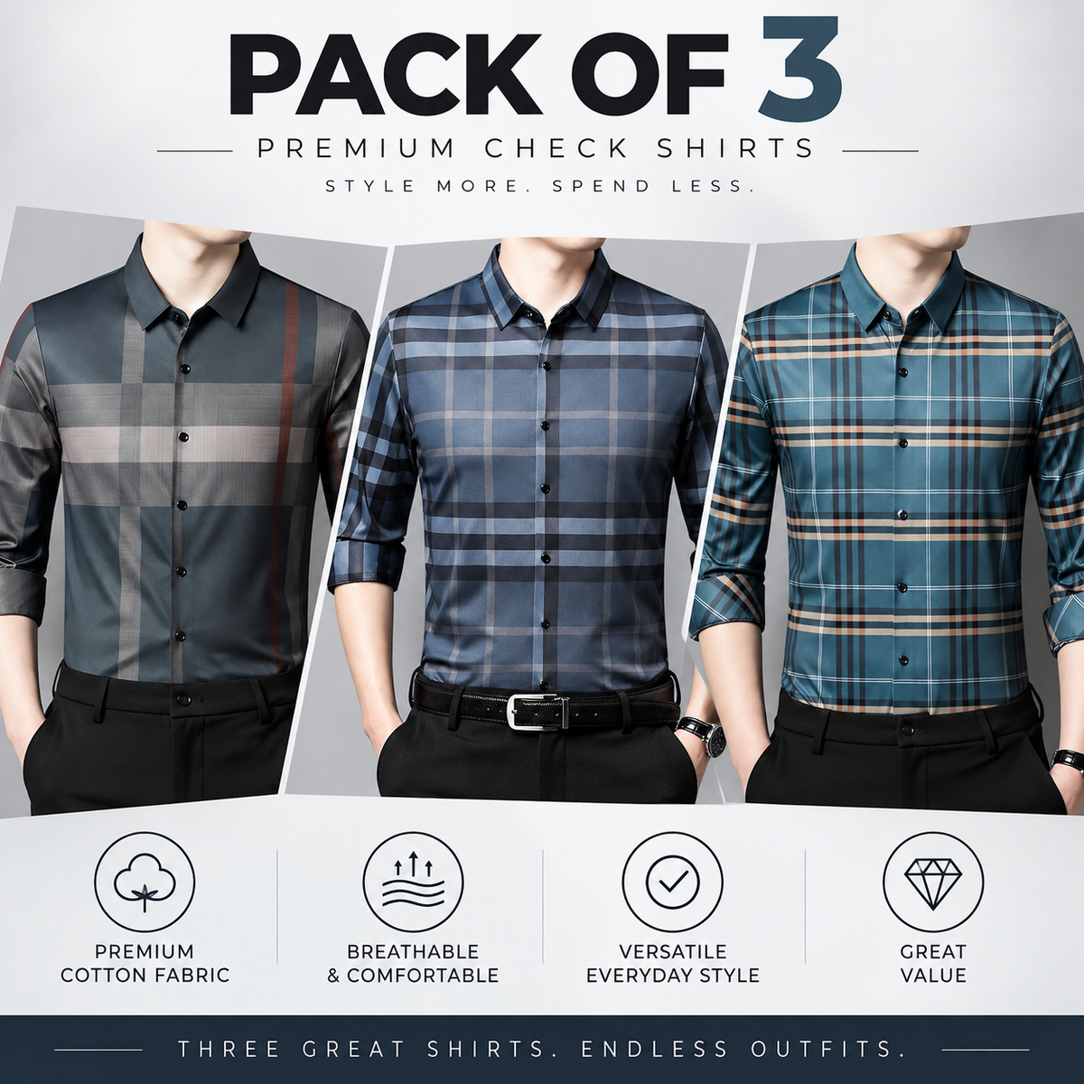 Men’s Classic Check Collection – Pack of 3 | Navy Blue + Dark Teal + Black