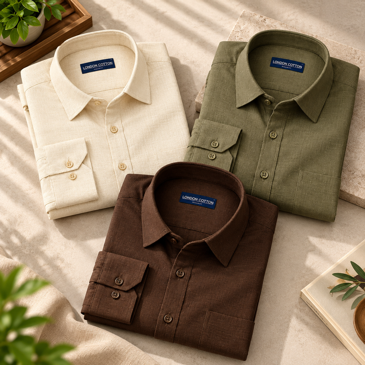 Men’s Textured Linen Shirts | Pack of 3 – Cream, Olive & Brown
