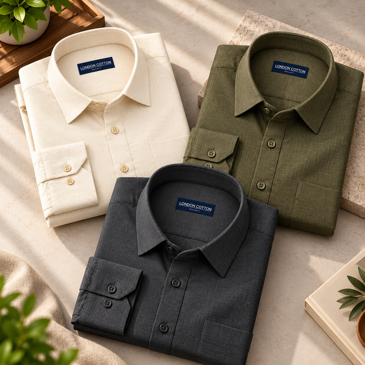Men’s Textured Linen Shirts | Pack of 3 – Grey, Cream & Olive