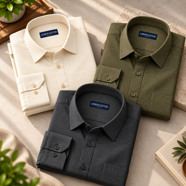 Men’s Textured Linen Shirts | Pack of 3 – Grey, Cream & Olive