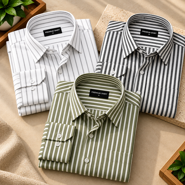 Men’s Linen – Look Pinstripe Shirts – Pack of 3 | Black, White & Golden Era