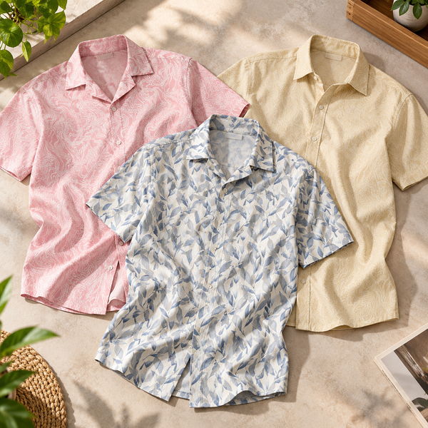Men’s Printed Cuban Collar Shirts | Pack of 3 – Pink Swirl, Slate Blue Leaf & Cream Swirl